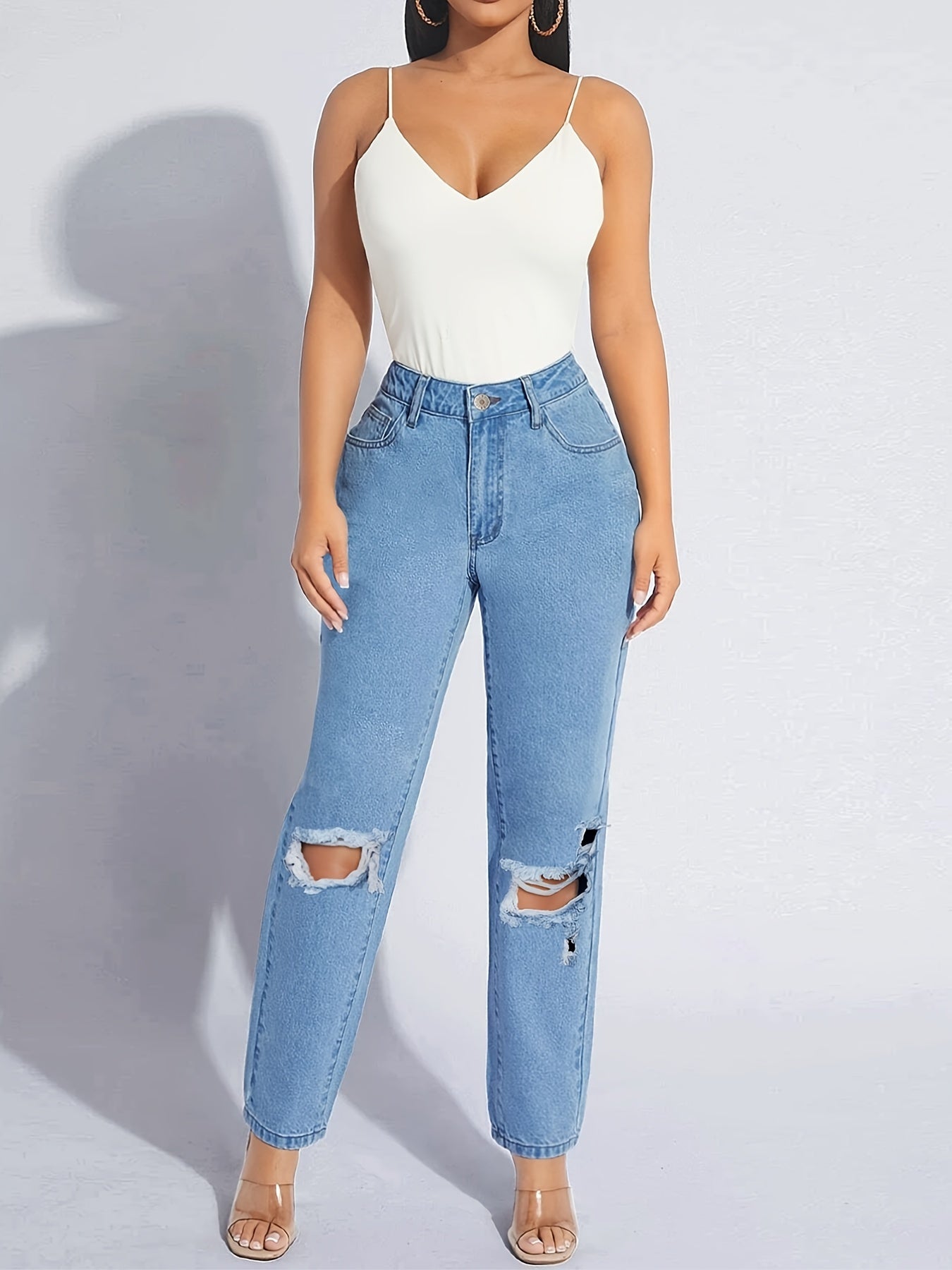 Ripped Button Up Straight Leg Jeans