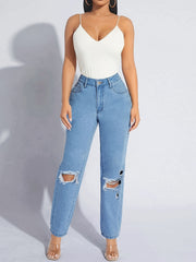 Ripped Button Up Straight Leg Jeans