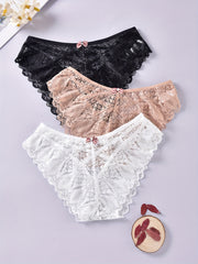 3pcs Floral Lace Bow Briefs Semi Sheer Panties