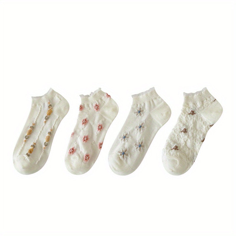5 Pairs Floral Print Socks Comfy Ruffle Low Cut Ankle Socks Women's Stockings