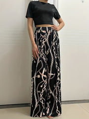 Summer Two Piece Set Short Sleeve Crop Tee & Chain Print Wide Leg Pants