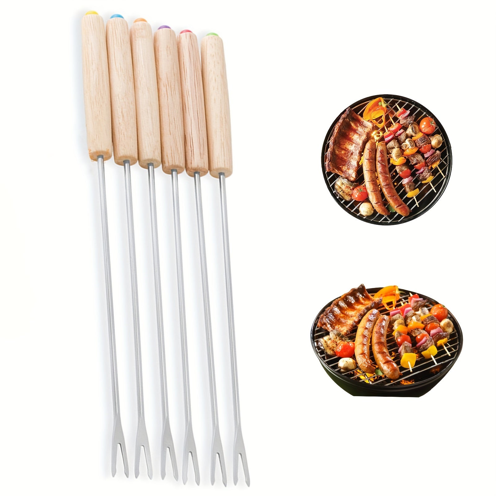 6-Piece BBQ Fork Set Wooden Handle Outdoor Camping Picnic
