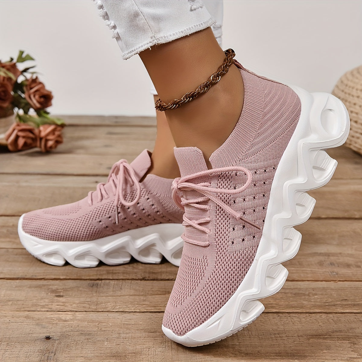 Women's Chunky Knit Sneakers Lace Up Running Sports Shoes