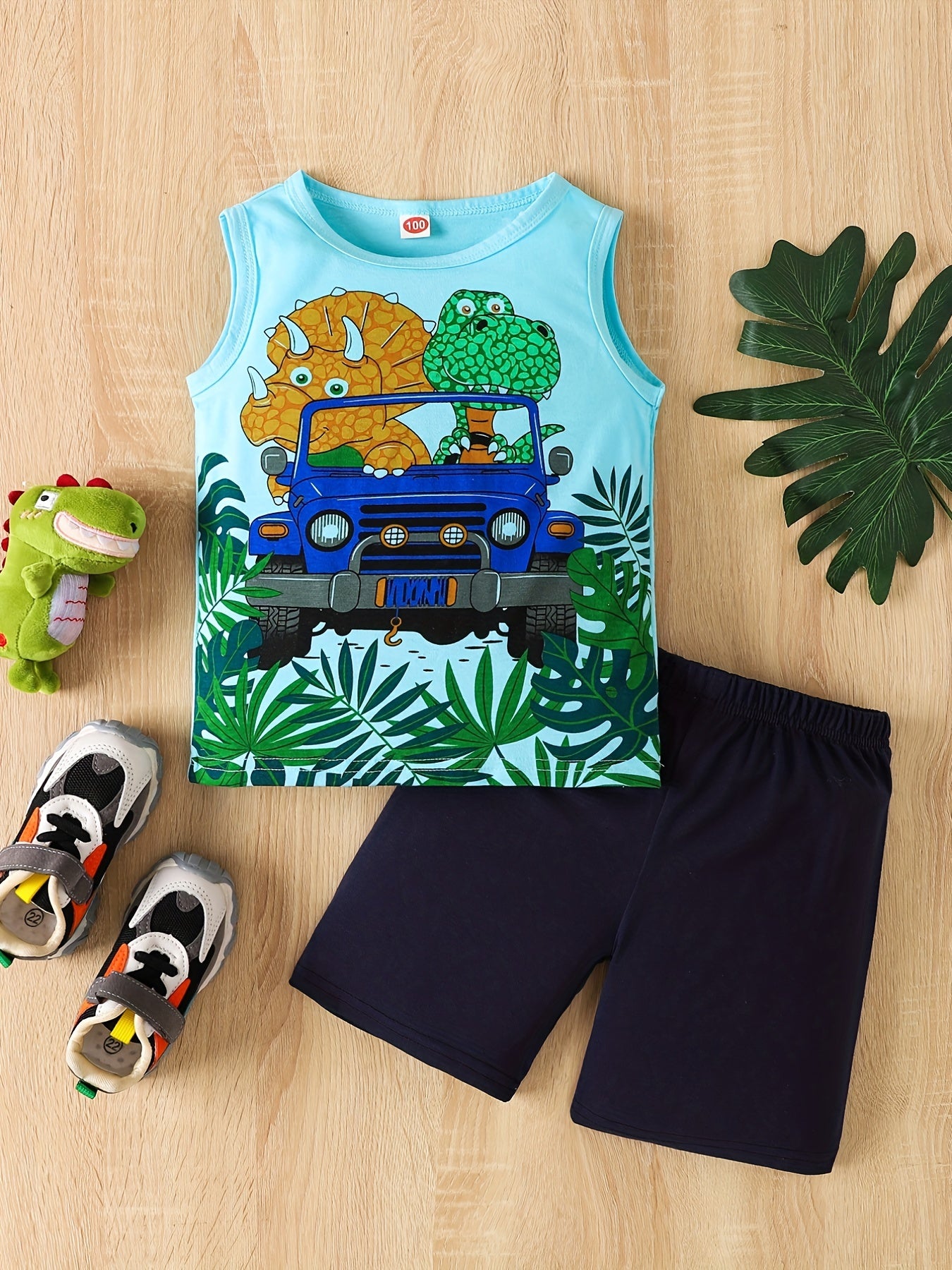 Boys Dino Driving Car Tank Top & Shorts Set