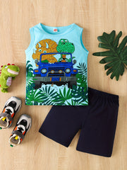 Boys Dino Driving Car Tank Top & Shorts Set