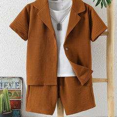 Boy's 2pcs Shirt & Shorts Set, Solid Top, Casual Outfits