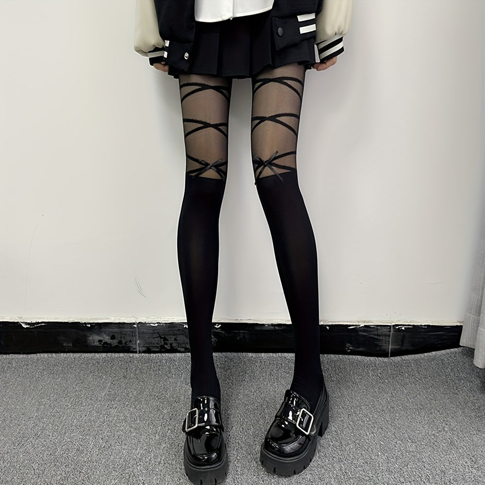 Criss Cross Pattern Bow Tie Pantyhose Semi Sheer Stockings