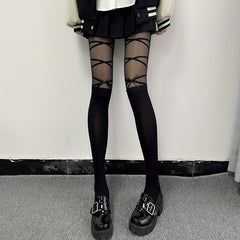 Criss Cross Pattern Bow Tie Pantyhose Semi Sheer Stockings