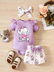 3pcs Baby Girls Elephant Short Sleeve Onesie & Shorts & Headband