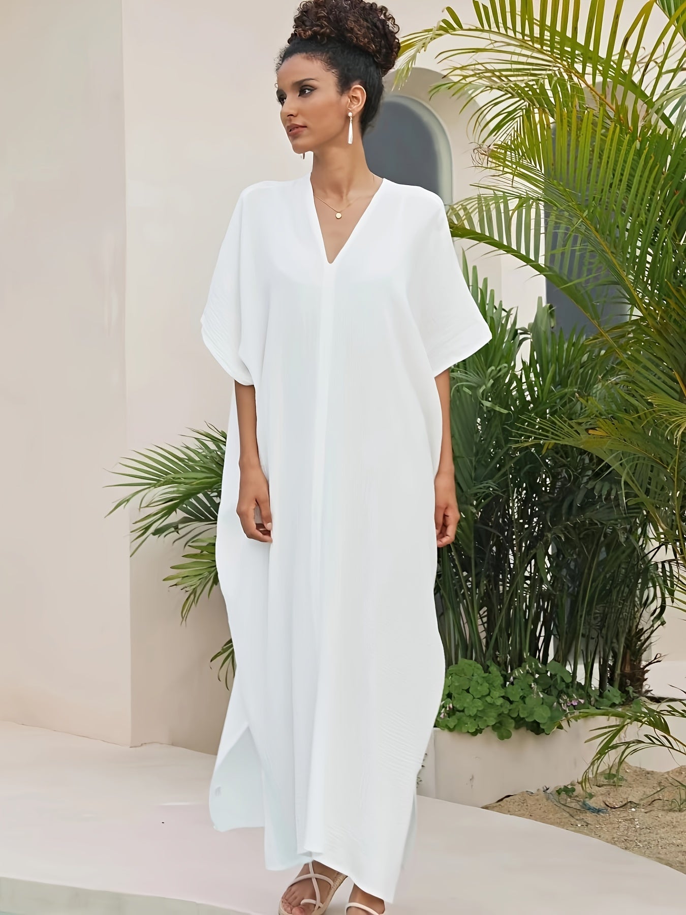 Vacay Kaftan Cover Up Women's Plus Solid Batwing Sleeve