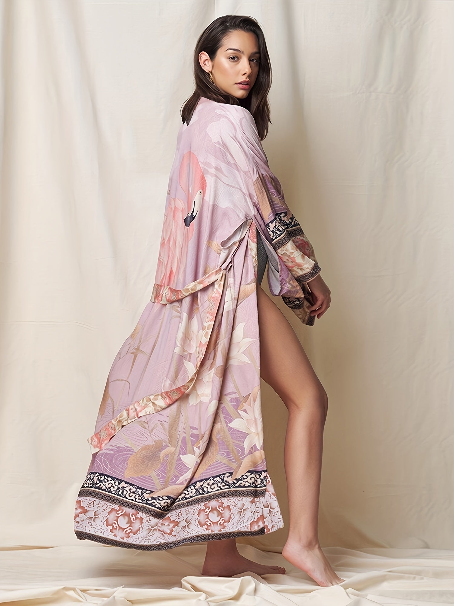 Tribal Pattern Long Robe Contrast Trim Kimono Cover Up