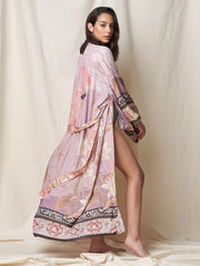 Tribal Pattern Long Robe Contrast Trim Kimono Cover Up