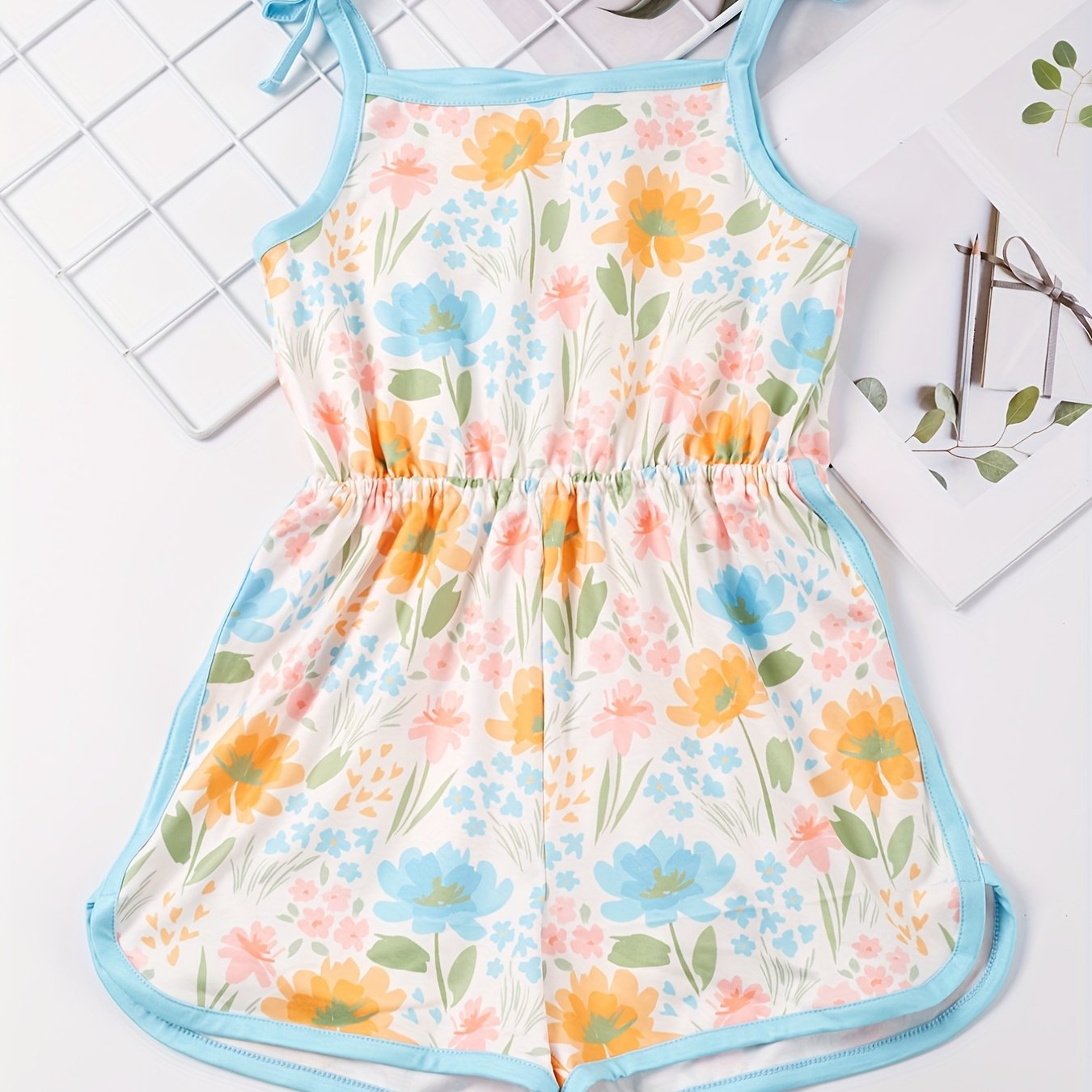 Toddler Girls Flowers Graphic Bow Sunflower Cami Rompers