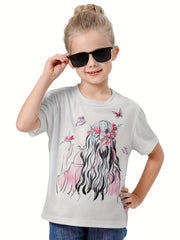 Cute 3D Cartoon Girl Crew Neck T-shirt for Girls