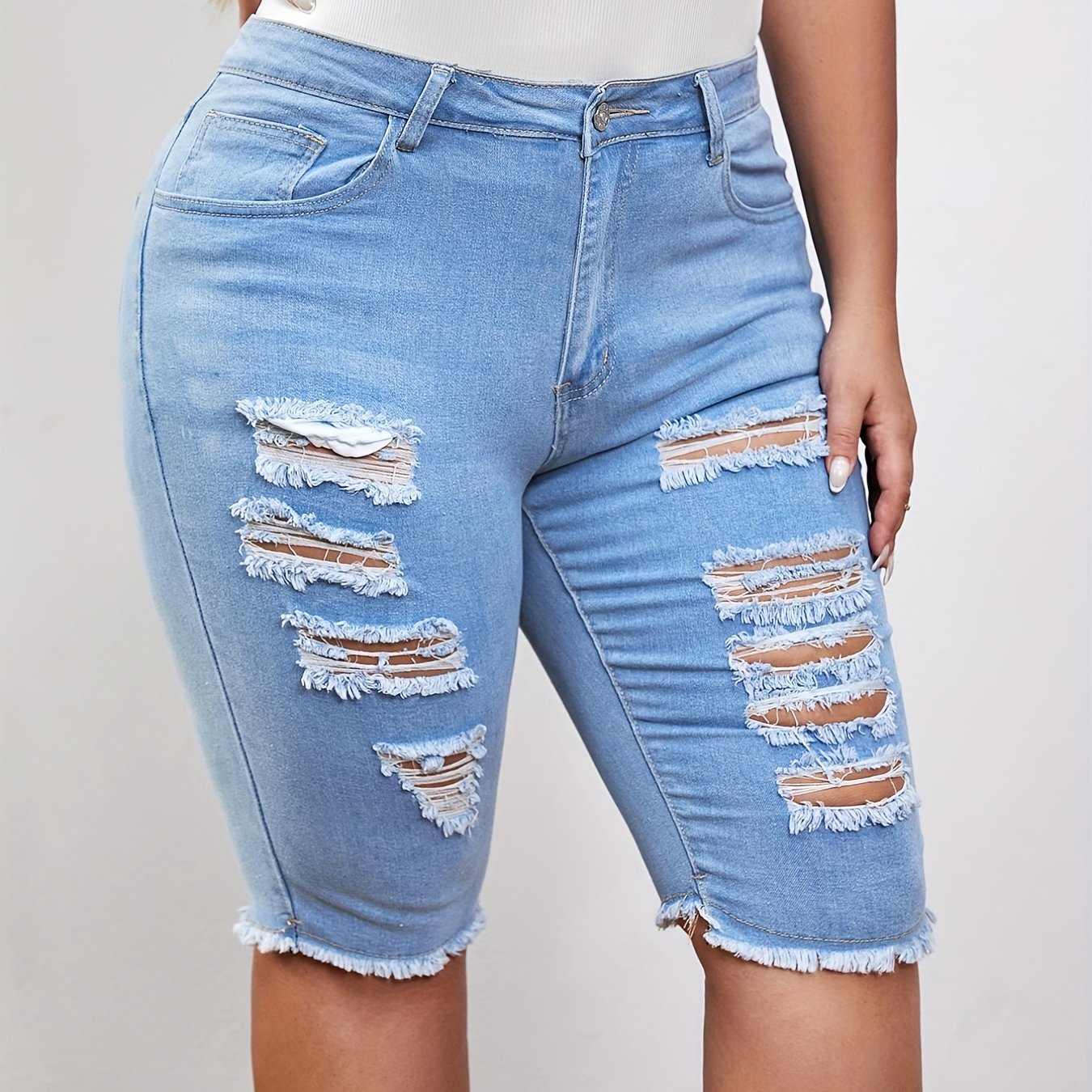 Casual Jeans Women's Plus Ripped Fringe Trim Button Fly Jeans