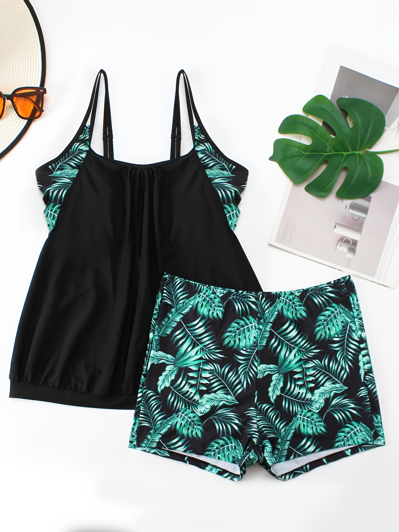 Tropical Print Tankini Set Round Neck Cami Top & Shorts 2 Piece