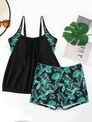 Tropical Print Tankini Set Round Neck Cami Top & Shorts 2 Piece