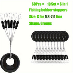 60pcs 10 Group Fishing Bobber Float Stopper Beans Accessories