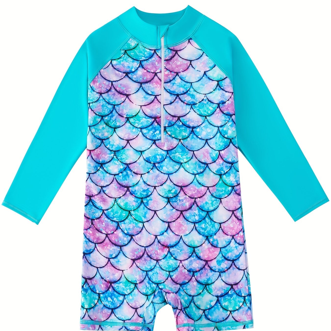 Mermaid Swimsuit Fish Scale Print Long Sleeve Bathing Suit UPF 50