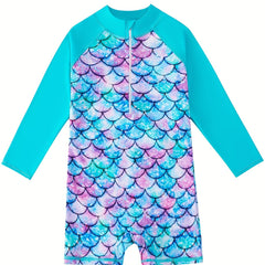 Mermaid Swimsuit Fish Scale Print Long Sleeve Bathing Suit UPF 50