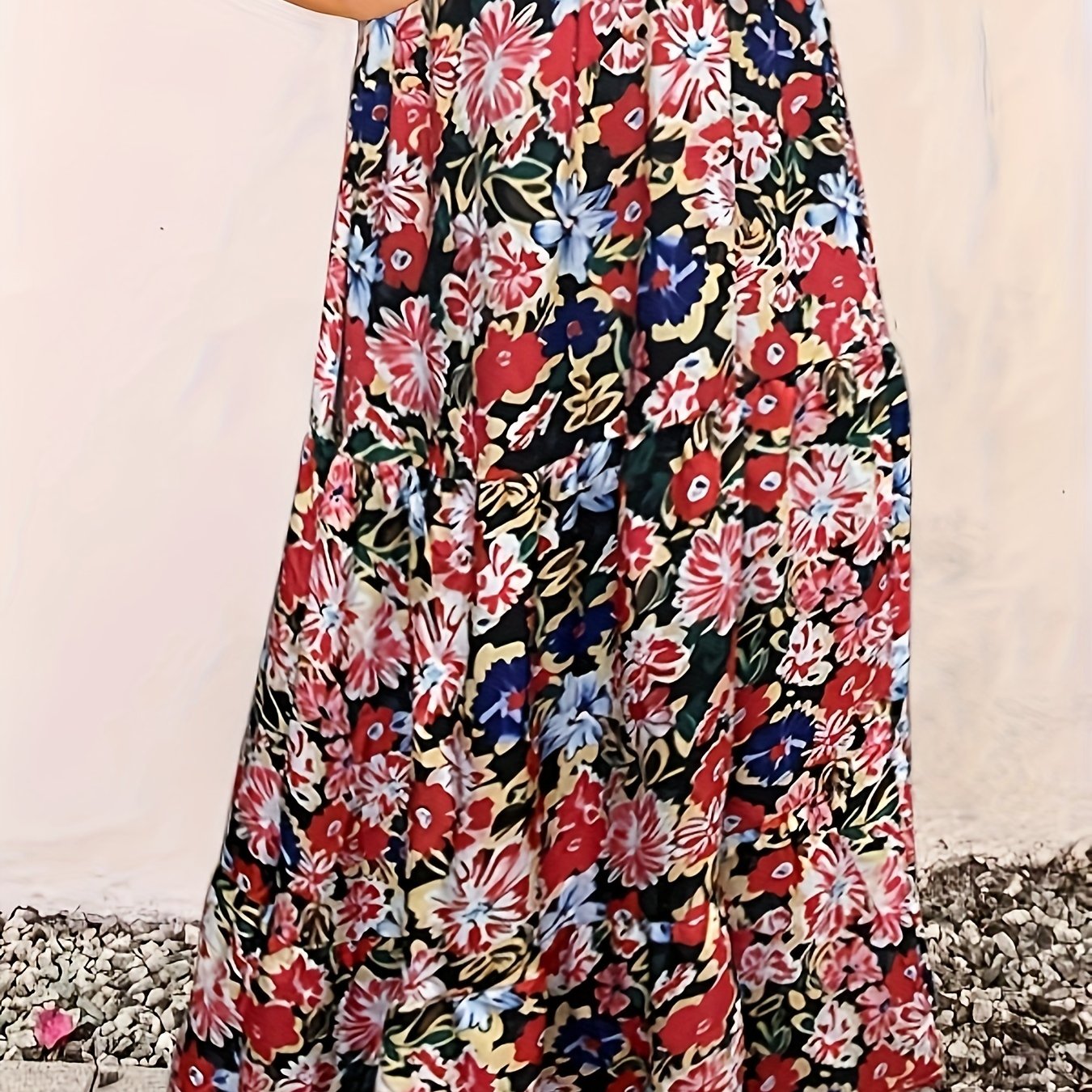 Boho Skirt Women's Plus Floral Print Elastic High Rise Swing Maxi Skir
