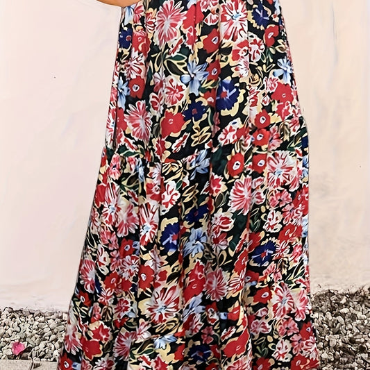 Boho Skirt Women's Plus Floral Print Elastic High Rise Swing Maxi Skir