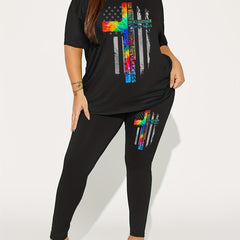 Cross & Flag Print 2-Piece Set Crew Neck Short Sleeve T-shirt & Slim Pants
