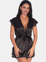 Lace Trim Night Robe V Neck Side Split Robe Women's Sleepwear