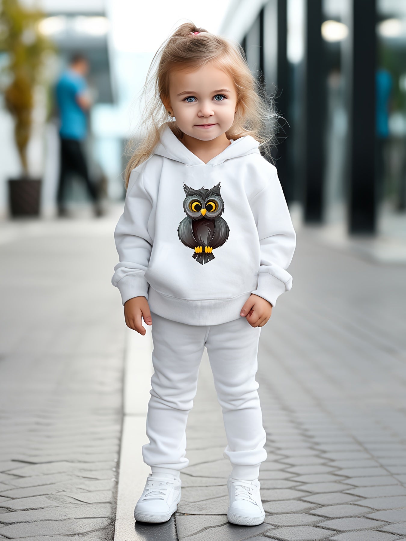 Cartoon Owl Print Hooded Pullover Pants Set for Kids Sports