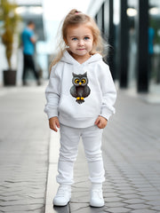 Cartoon Owl Print Hooded Pullover Pants Set for Kids Sports