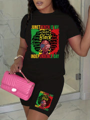 Juneteenth Print Summer Casual T Shirt & Biker Shorts Set
