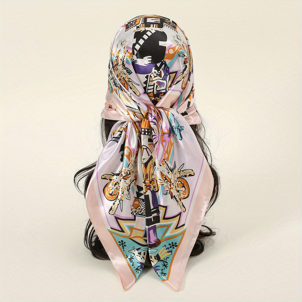 Boho Tribal Print Bandana Vintage Cartoon Satin Shawl Silk Square Scarf