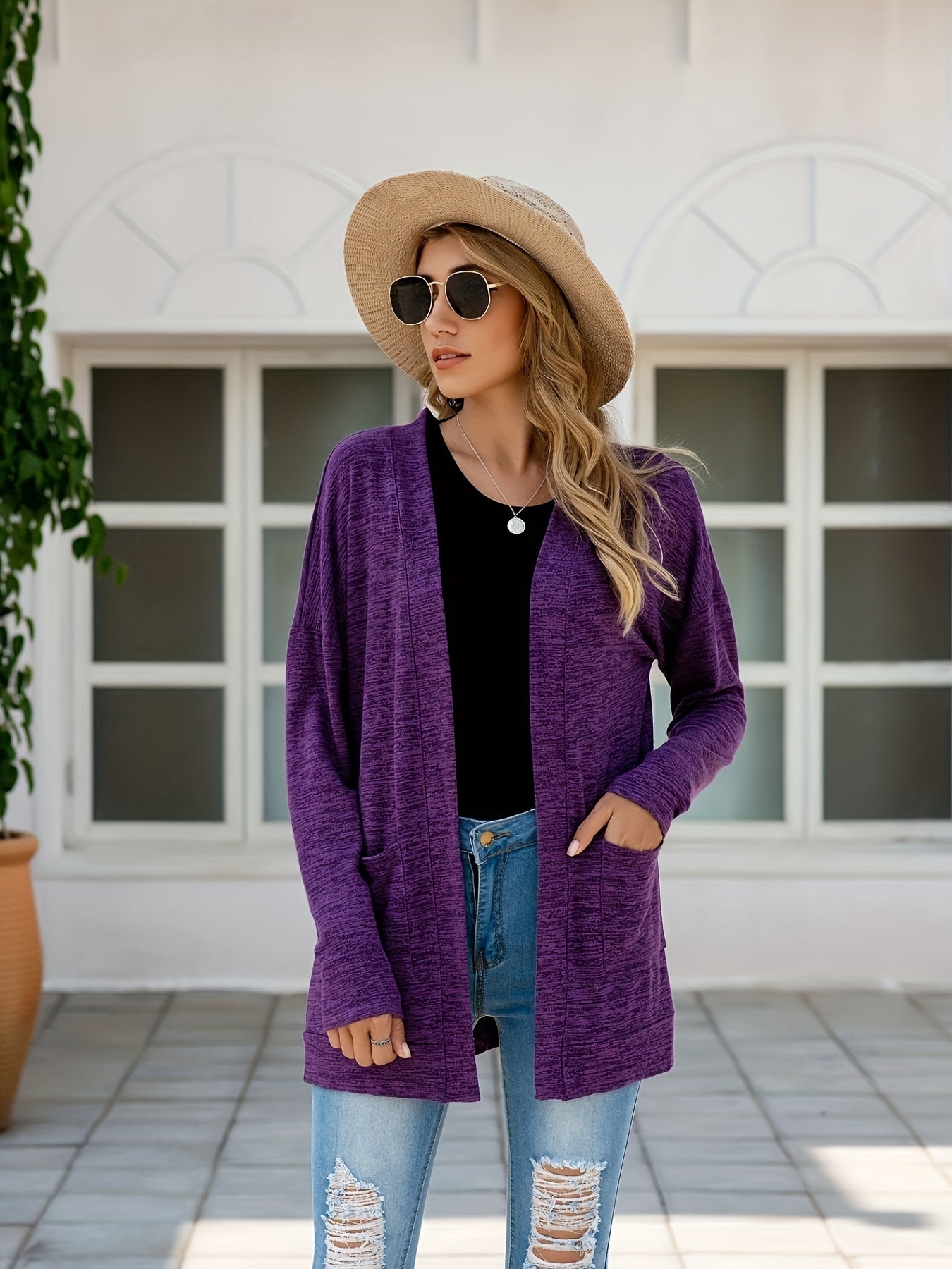 Solid Drop Shoulder Cardigan with Pockets for Women