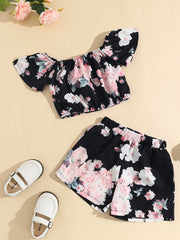 Girls Floral Print Off Shoulder Top Shorts Set Kids Summer Outfit