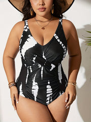 Modest Swimsuit Tie Dye Cross Front Ruched Tummy Control