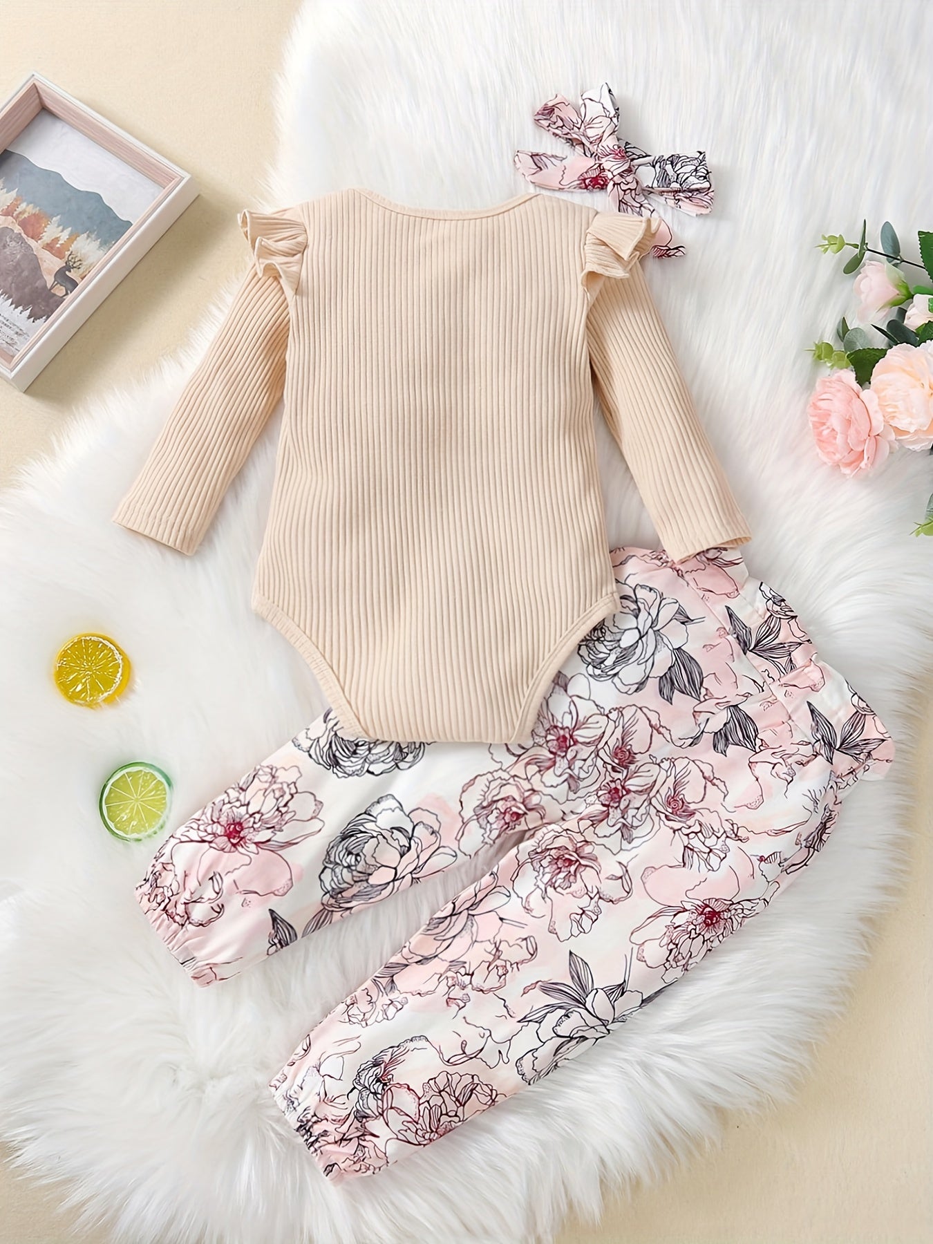 Baby Girls Cotton Outfit Flying Sleeve Romper & Flower Print Trousers Set