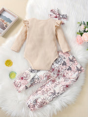 Baby Girls Cotton Outfit Flying Sleeve Romper & Flower Print Trousers Set