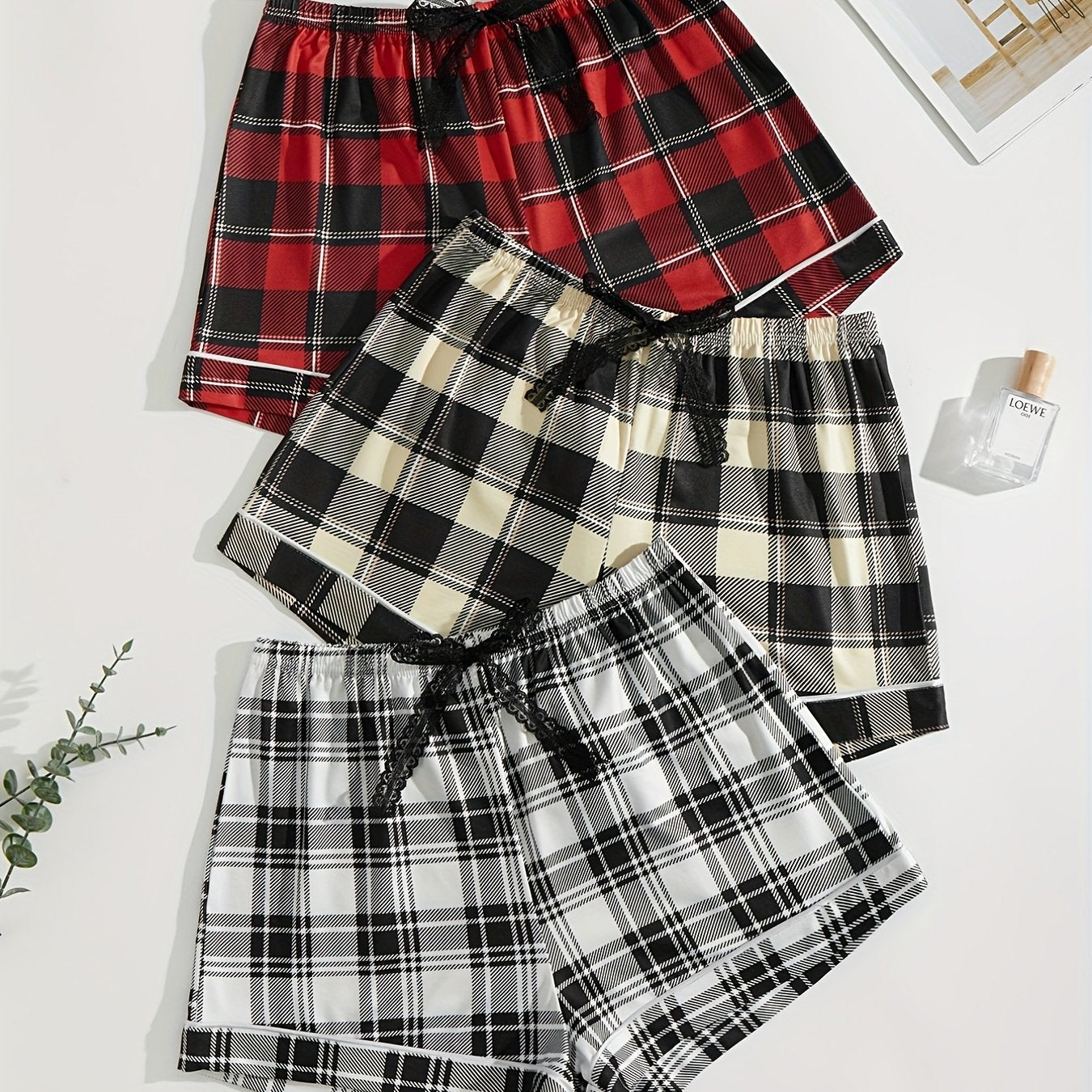 Plaid Bow Sleep Bottoms Elastic Lounge Shorts Women's Sleepwear
