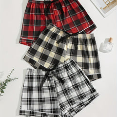 Plaid Bow Sleep Bottoms Elastic Lounge Shorts Women's Sleepwear