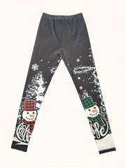 Christmas Leggings Snowman Print High Rise Stretch Leggings