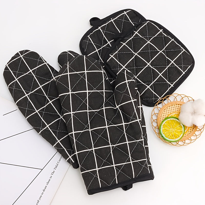 Plaid Pattern Kitchen Baking Gloves Set with Heat Insulation Mat