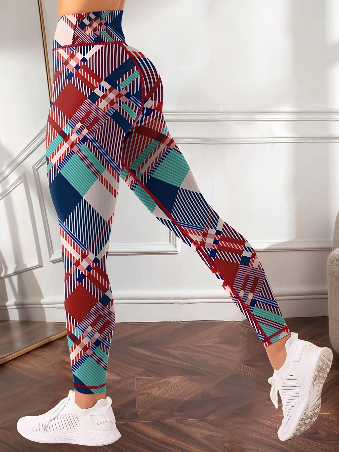 Colorful Plaid Print Yoga Leggings High Waist Tummy Control Pants