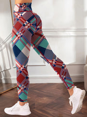 Colorful Plaid Print Yoga Leggings High Waist Tummy Control Pants