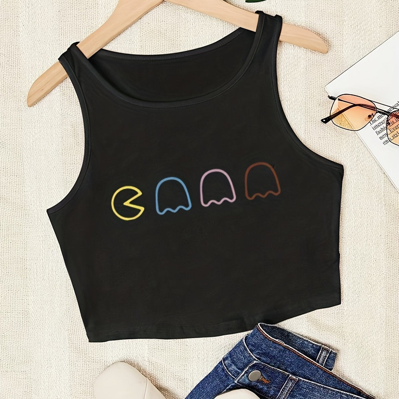 Graphic Print Crop Tank Top Sleeveless Summer Women's Clothing