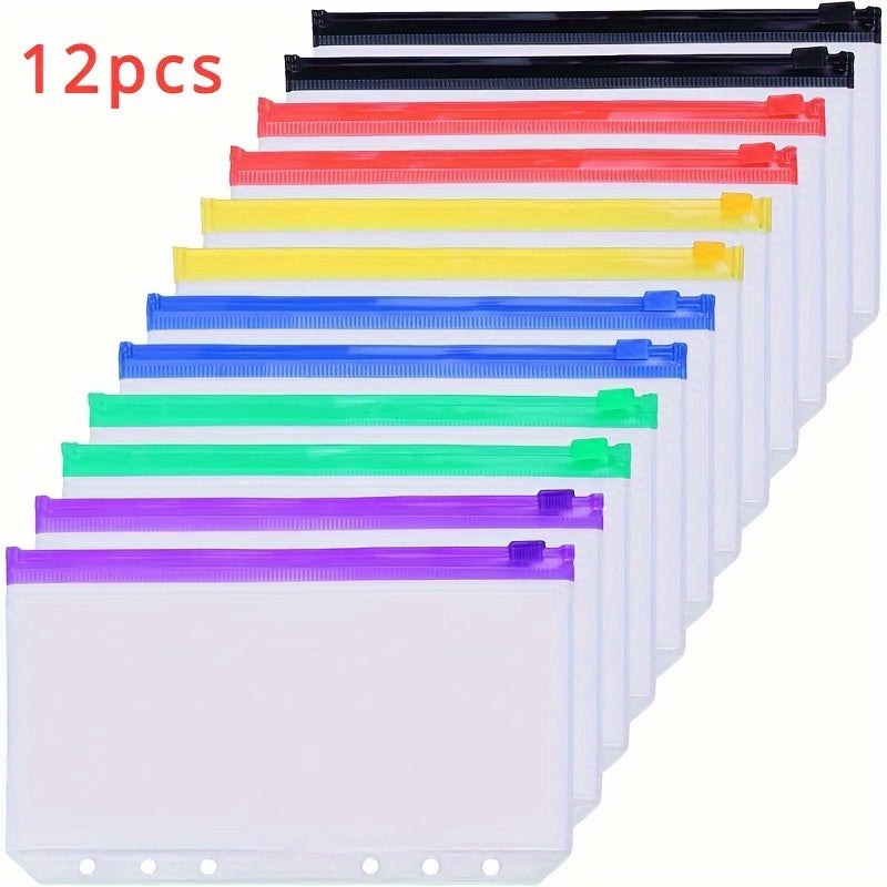 12pcs A6 A5 Coloured 6 Hole Zipper Cash Envelopes Waterproof PVC Loose Leaf Bags