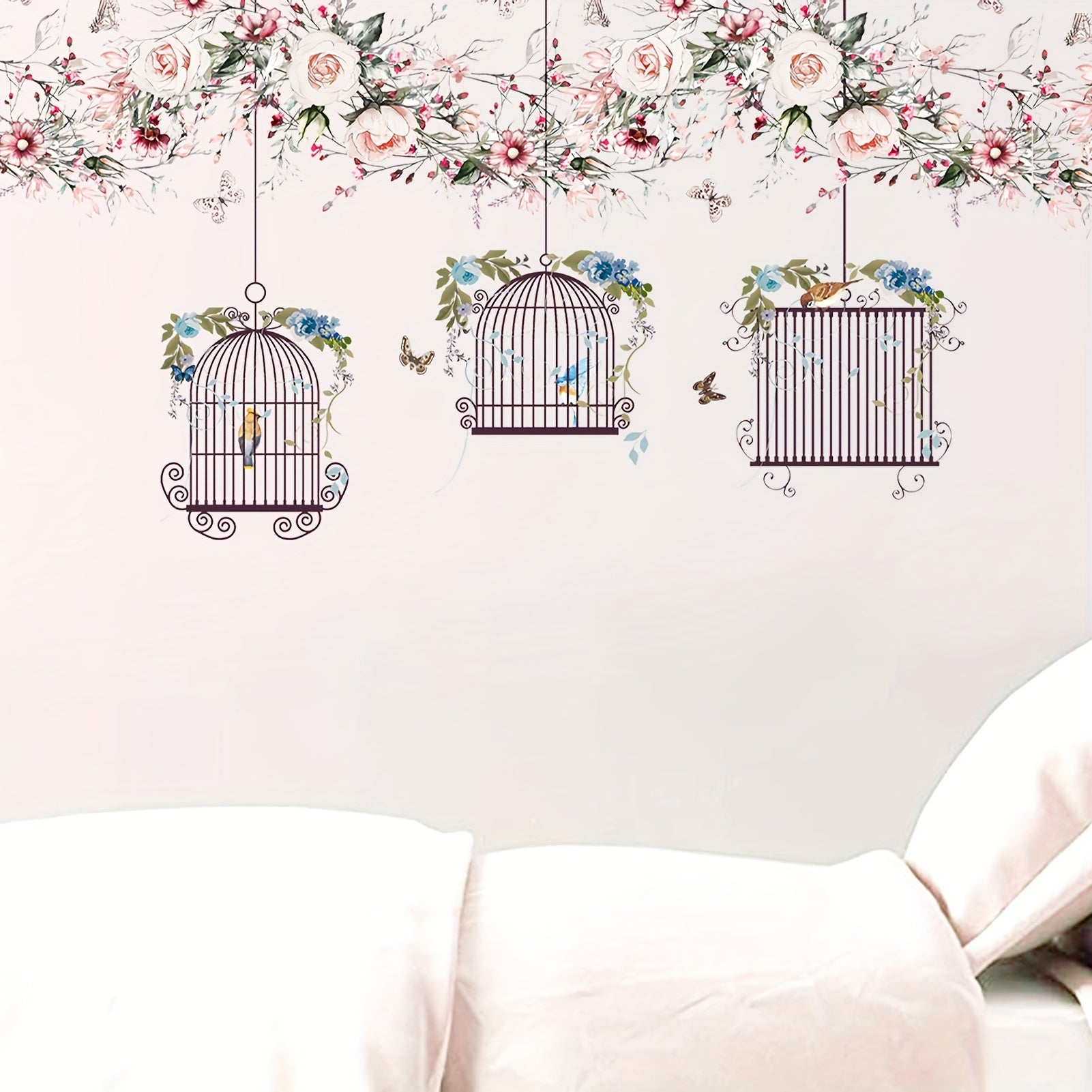 Flowers Wall Stickers DIY Butterfly Green Leaves Birdcage Parrots Wall Decals