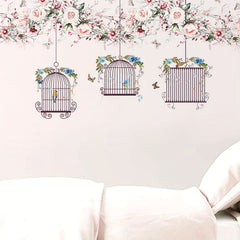 Flowers Wall Stickers DIY Butterfly Green Leaves Birdcage Parrots Wall Decals