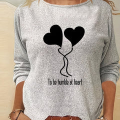 Heart Print Long Sleeve Crew Neck T-shirt Women's Casual Top