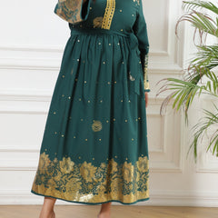 Abaya Dress Women's Plus Golden Floral Print Long Sleeve