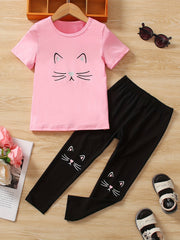 Girls Cat Print Short Sleeve Tee & Pants Set